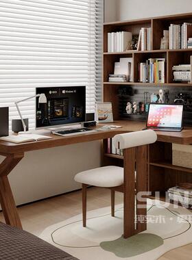 sunx实木转角书桌书柜书架组合一体整墙角落拐角桌Ll型学生学习桌