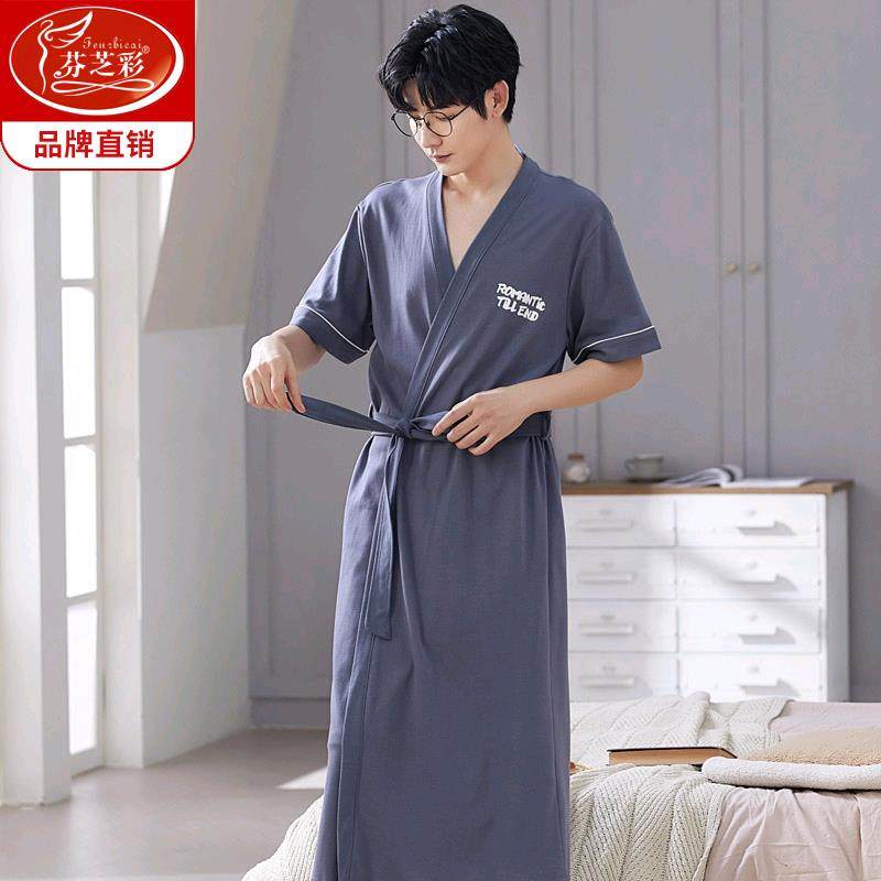 睡袍男夏季纯棉短袖浴服加大码浴衣长版连身睡衣男生夏天全棉浴袍