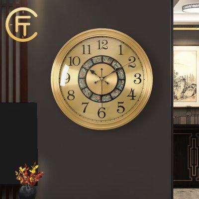 匠式新中式客厅圆形黄铜挂钟简约大气时尚装饰钟表餐厅书房挂墙表