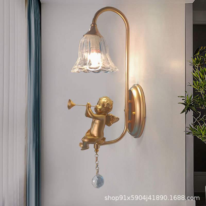 北欧小天使水晶壁灯床头暖光客厅卧室儿童房装饰卡通人物ledled灯