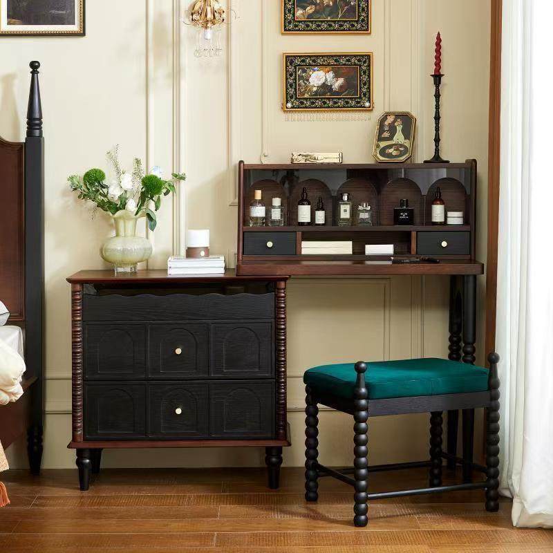 法式复古实木美式妆台梳妆台一体卧室斗柜黑色收纳化妆床尾镜子