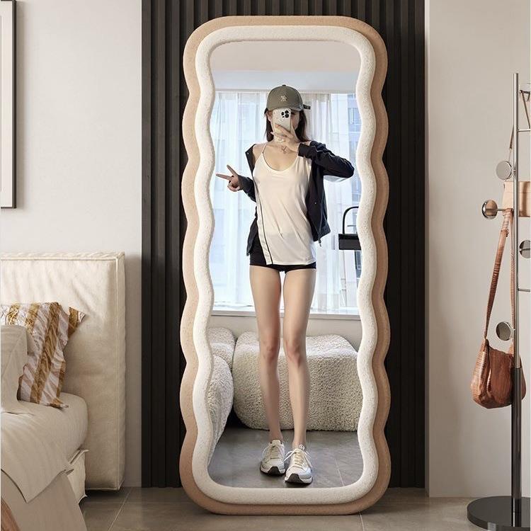 奶油风全身镜网红落地镜家用穿衣镜波浪一体镜子卧室轻奢试衣镜