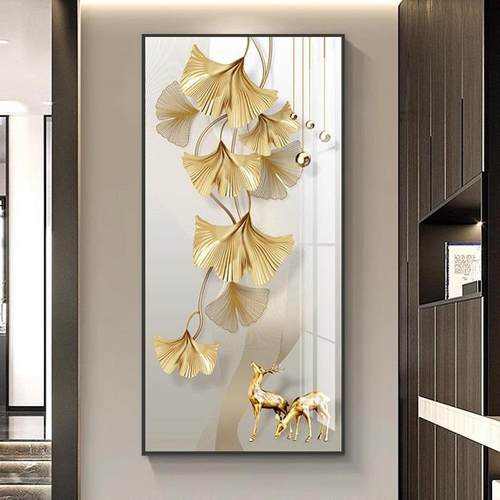 银杏叶高档入户玄关装饰画现代轻奢客厅走廊过道壁画正对门口挂画
