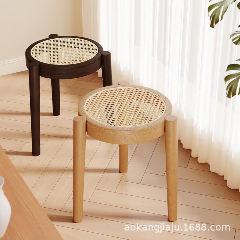 实木椅子餐椅家用藤编餐桌凳子意式中古网红书桌靠背椅可叠放圆凳