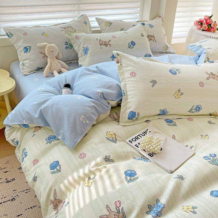 A类母婴级全棉磨毛四件套小清新纯棉床单被套家用学生宿舍三件套