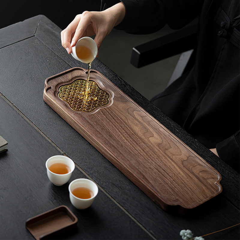实木茶盘黑胡桃木干泡台新中式家用排水管小茶盘干湿两用