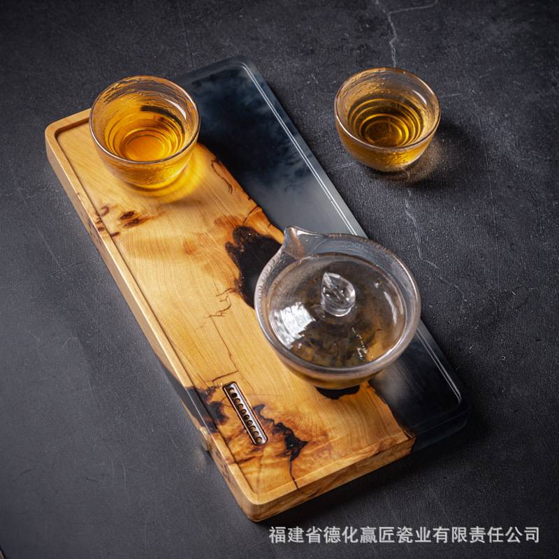跨境茶盘家用茶托盘轻奢现代小型干泡台实木崖柏茶海长方形排水盘