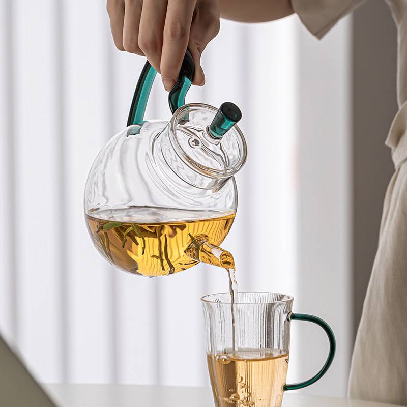 家用简约耐热玻璃绿茶泡茶壶彩色执手带把过滤网花果茶壶泡花茶壶