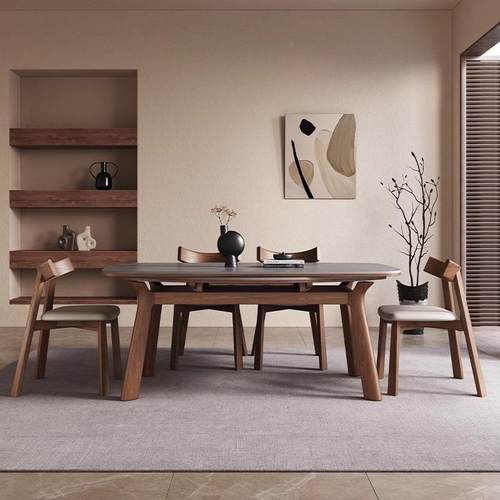 伸缩岩板实木餐桌家用小户型可见详情变圆现代简轻奢方圆两用桌餐