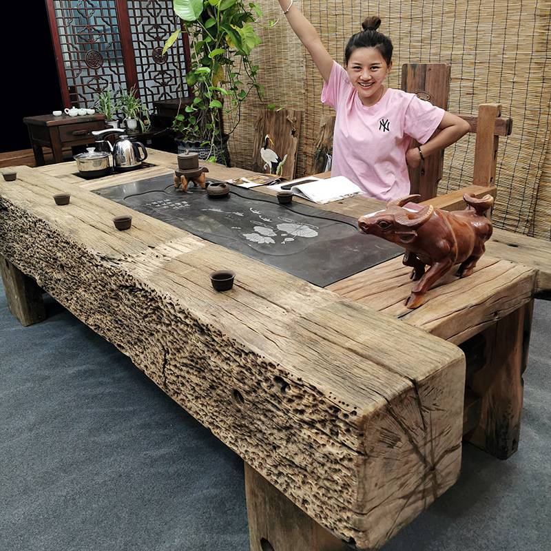 老船木茶桌椅组合户外中式实木做旧泡茶台室外庭院原生态复古茶几