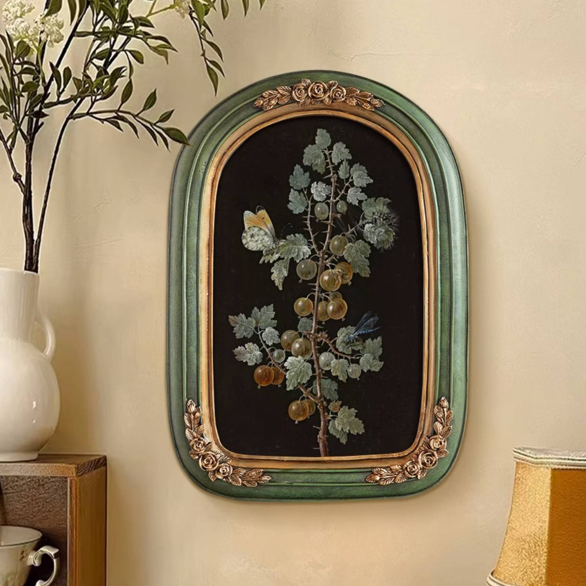 中古小众古典复古怀旧装饰画法式植物花卉拱形框美式挂画餐厅房间