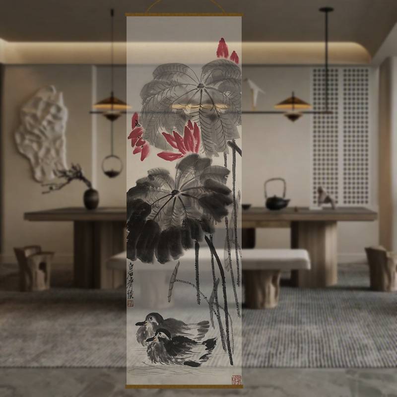 半透明荷花国风透景屏风纱中式卷帘隔断帘挂帘水墨窗帘透光纱帘