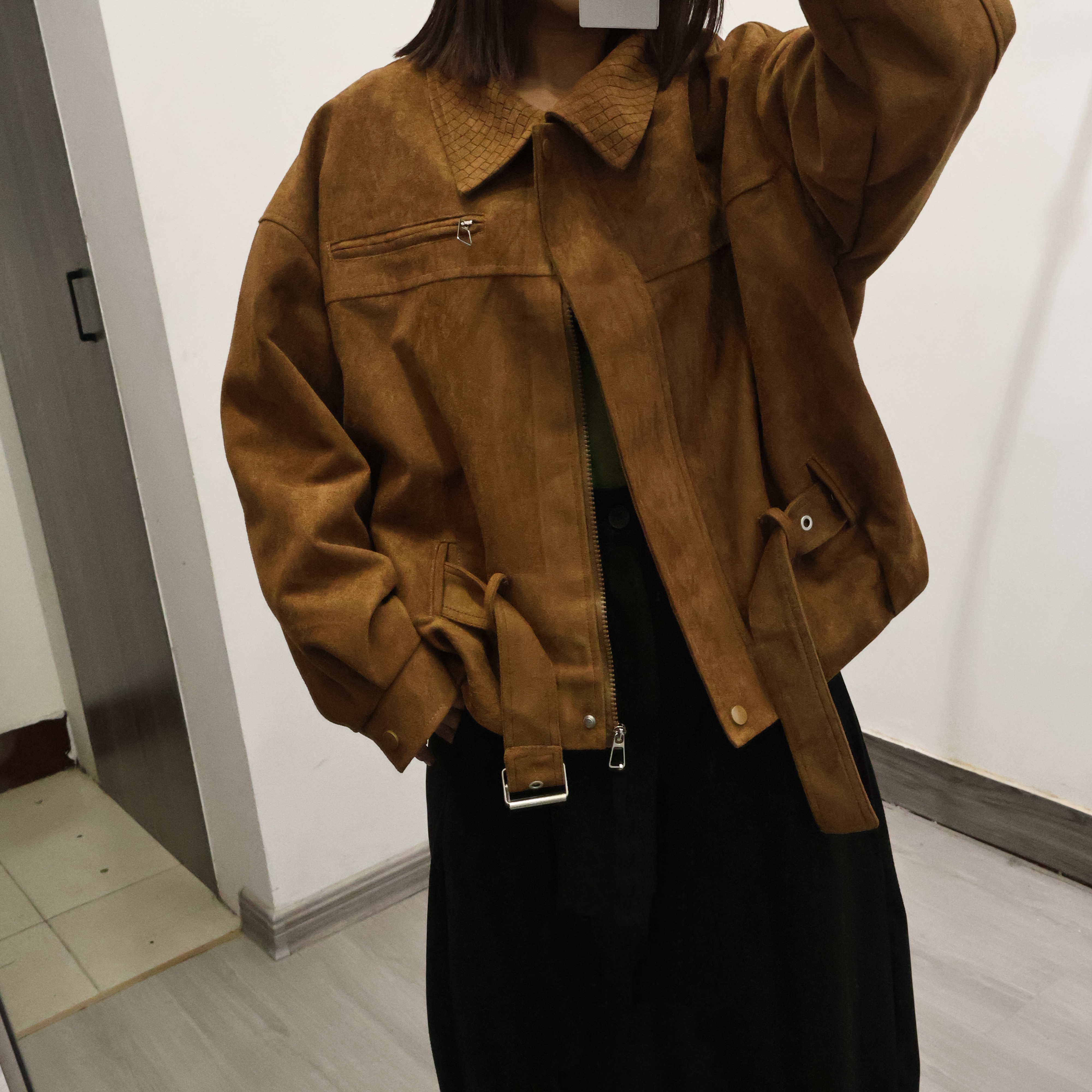 咖色新款复古风麂皮绒翻领短外套短外套