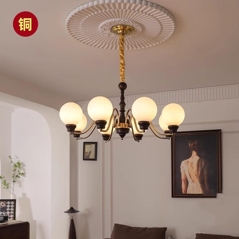 美式复古客厅吊灯中古法式客厅主灯实木玻璃胡桃木色卧室餐厅灯具