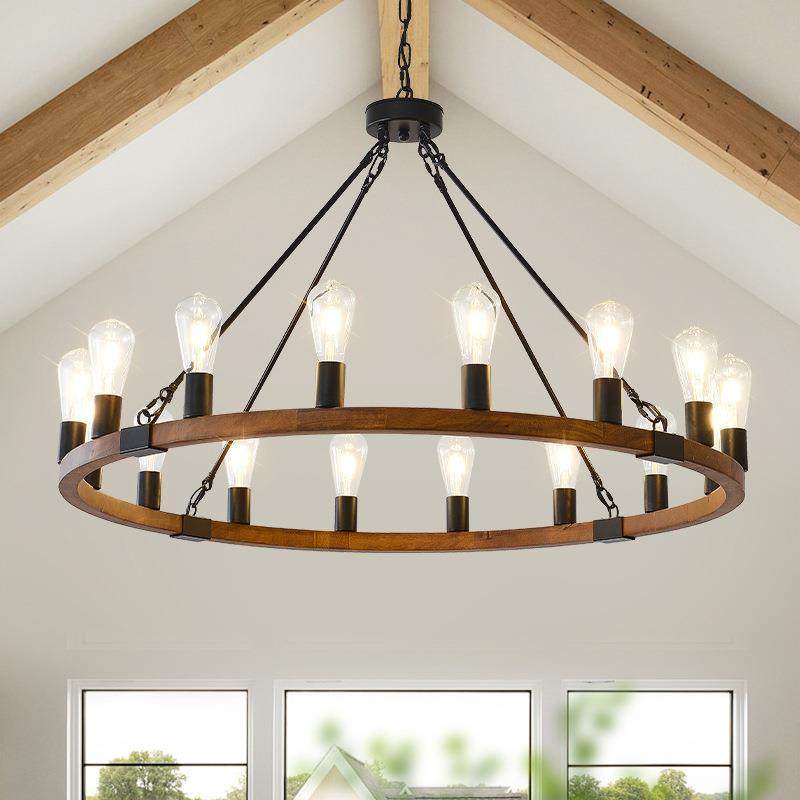 亚马逊美式乡村复古工业Loft餐厅16头圆桌圆环圣诞吊灯木艺大吊灯,家装灯饰光源,智能吊灯,淘宝优惠券,粉丝福利购,淘宝优惠卷