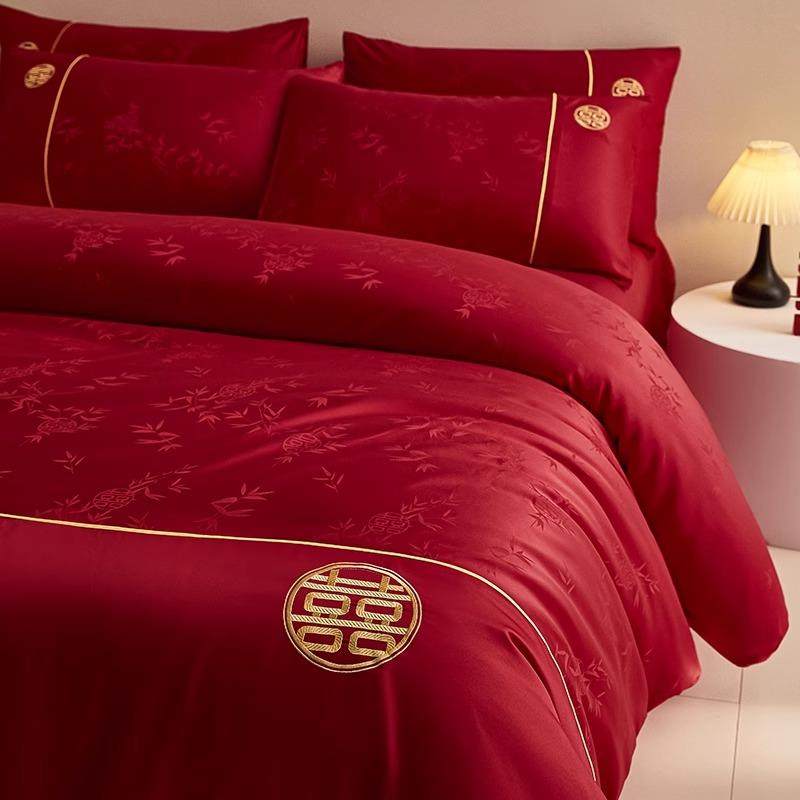 高档提花结婚床上四件套婚庆大红色婚床床品被套新婚用品喜被床单