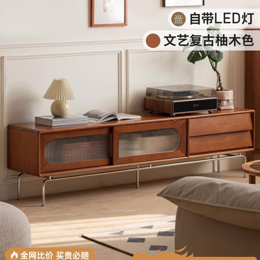 实木电视柜法式复古玻璃移门储物柜客厅中古高脚家用地柜