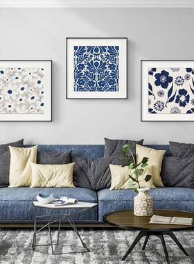 现代文艺客厅沙发墙挂画剪纸花卉图案玄关装饰画复古蓝色花纹壁画