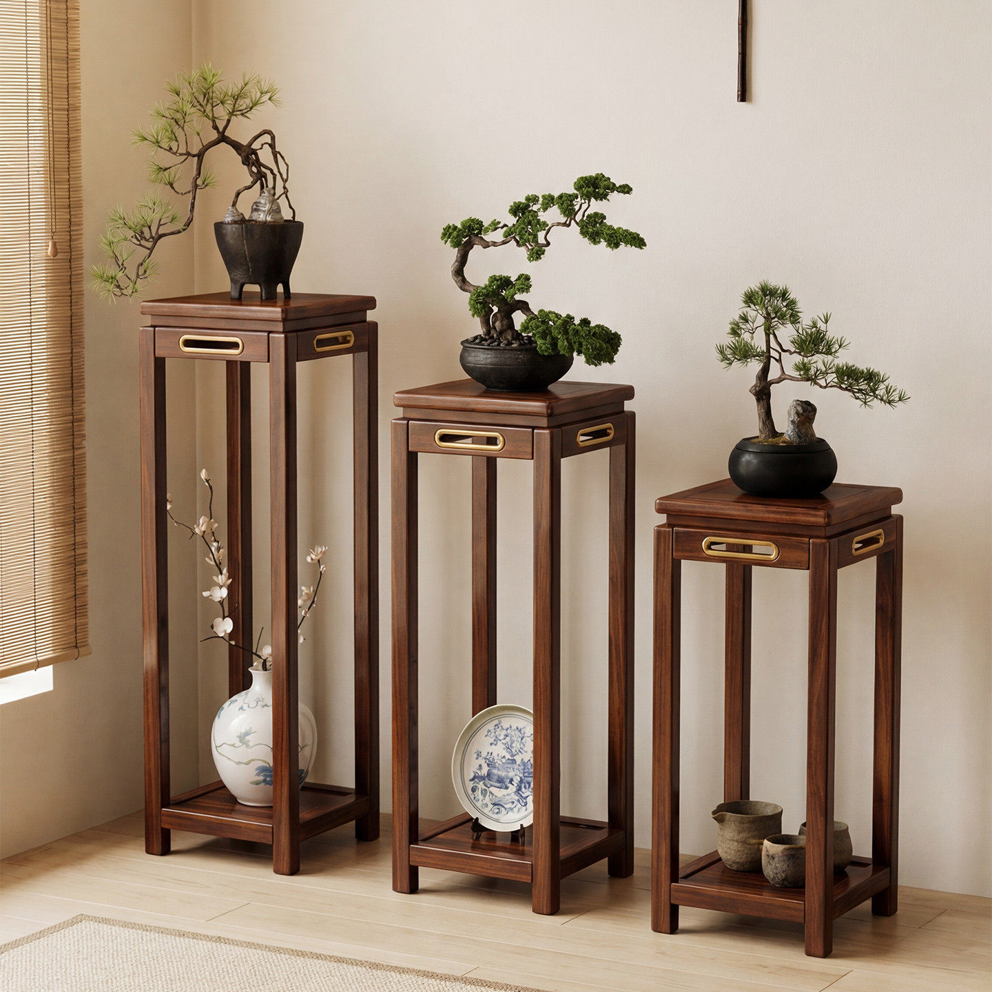 实木花架子客厅落地式家用中古阳台绿植花盆栽托架新中式置物架