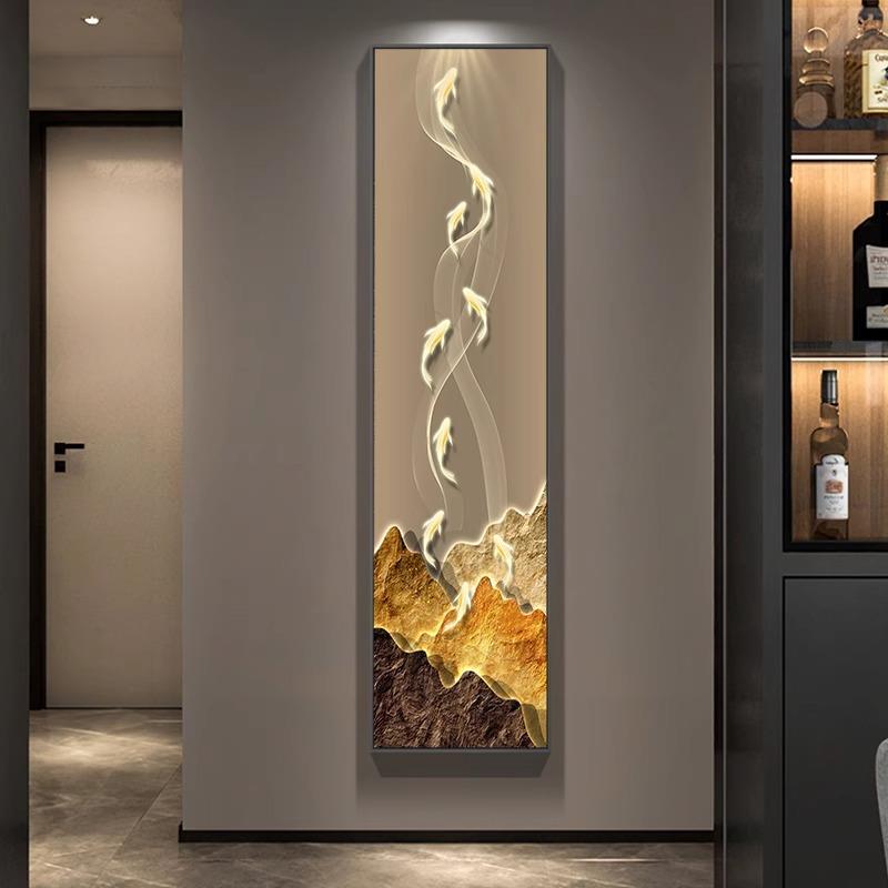 鱼图窄长条进门玄关装饰画正对门竖版壁画入户走廊尽头过道挂画