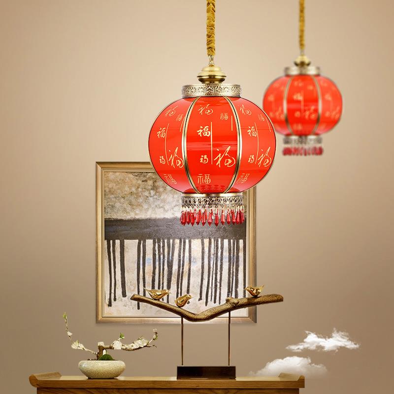 中式全铜红灯笼吊灯古典中国风过道阳台灯防水户外庭院别墅大门灯