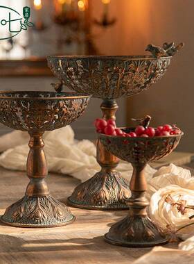仿古铜玄关装饰摆件铁艺高脚水果托盘美式复古民宿装饰品鸟食盆