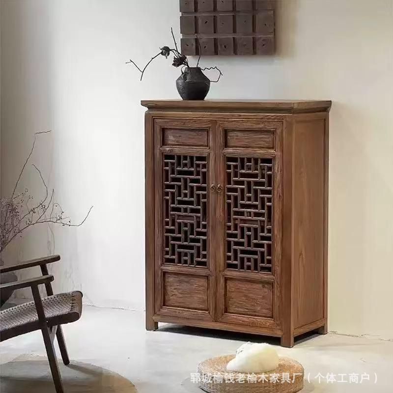 实木框餐边柜新中式老榆木客厅酒柜茶水柜厨房储物柜收纳餐边柜