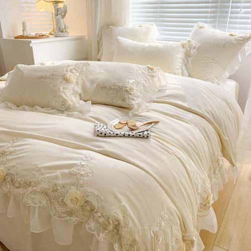 唯美公主风刺绣蕾丝花边婴儿绒四件套立体手工钉花蕾丝被套床品