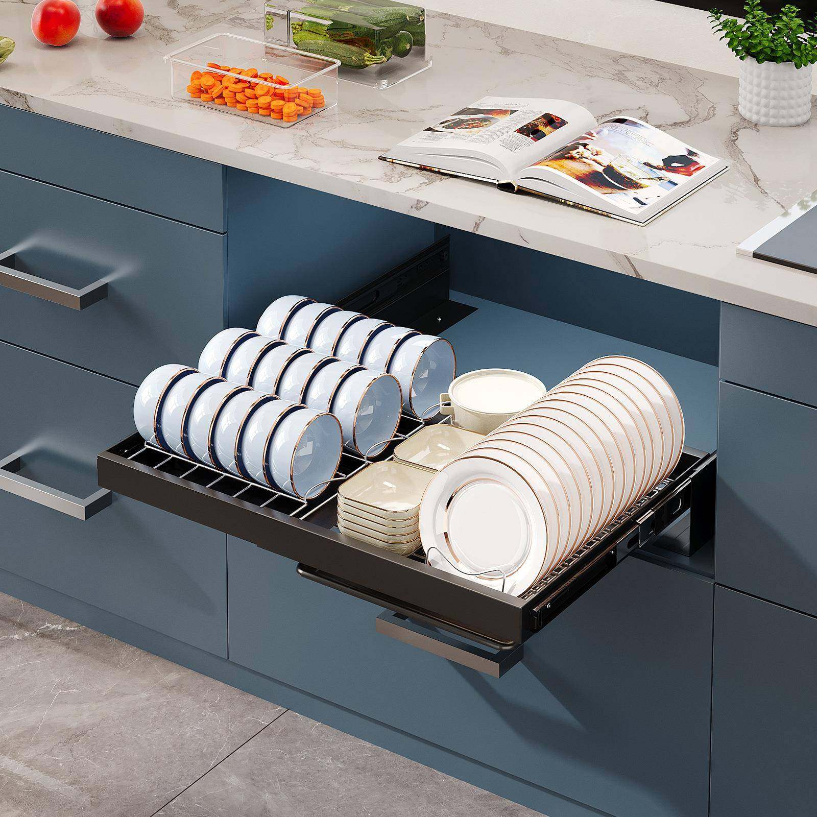 厨房抽拉伸缩置物架橱柜抽屉架拉篮碗盘收纳架带沥水盘碗碟架,厨房/烹饪用具,抹布架/厨房清洁收纳架,淘宝优惠券,粉丝福利购,淘宝优惠卷