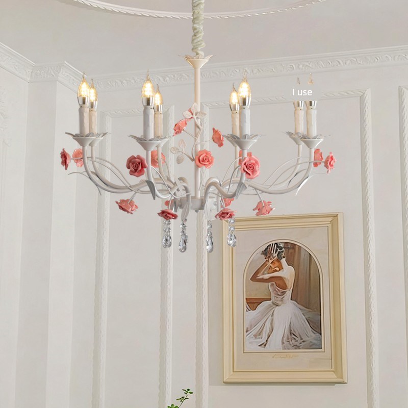 法式奶油蜡烛玫瑰吊灯o简约田园卧室浪漫花草温馨客厅灯覆古陶瓷