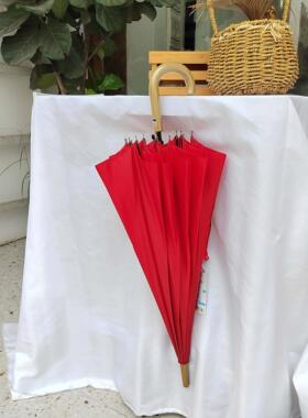 16K半自动红色无黑胶长柄直骨日单晴雨伞防紫外线简约抗风木柄