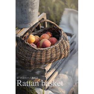 复古真藤编篮子天然藤条手工编织野餐篮菜篮子仿古老式手提篮筐