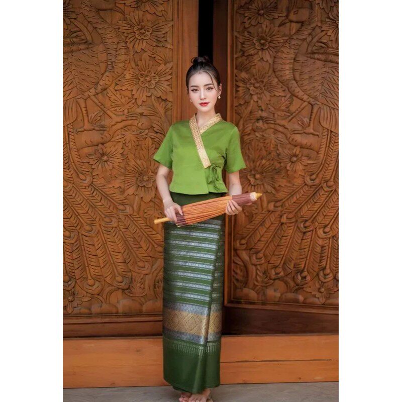 云南西双版纳傣族衣服唐装应季夏季薄款中式改良傣装女装绿色套装