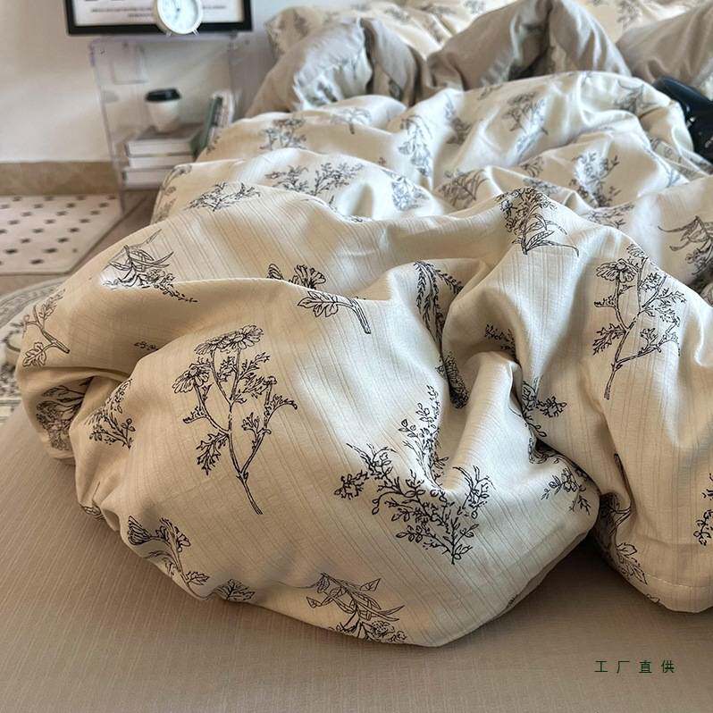 法式复古灰田园风水洗棉四件套手绘小碎花棉质被套床单宿舍三件套