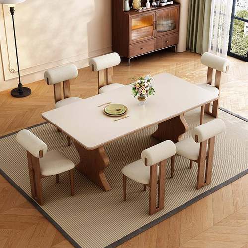 实木岩板餐奶桌桌椅组涟漪餐桌合小户型法式古油风客长方形多厅人