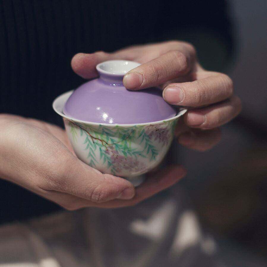 《紫藤花》木槿紫清欢薄胎盖碗 釉下彩 手绘 茶具高温陶瓷 二才