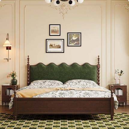 古美式中古风实木床式复乡村双人包大床主SQL卧1米8软婚法床中式