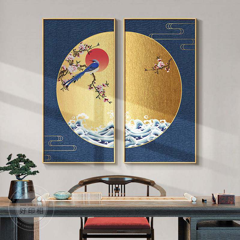 新中式两联竖版客厅挂画中国风酒店茶室书房装饰画中堂画喜庆壁画