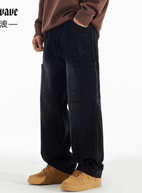 370g重磅纯棉黑色直筒牛仔裤男宽松加肥加大休闲百搭胖子黑色长裤