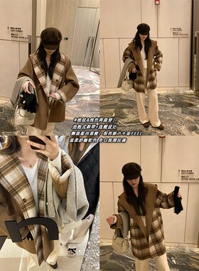 NAZ那子大码冬季新款显瘦复古双面手工胖mm格纹两面穿毛呢大衣