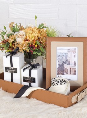 橙色皮革托盘摆件 样板间PU皮质黑色餐盘果盘 首饰展示盘长方形