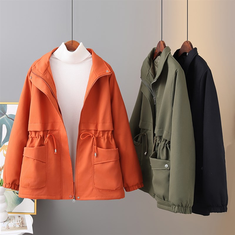 风衣女200斤胖mm秋冬季韩版新款翻领拉链收腰抽绳大码夹棉外套