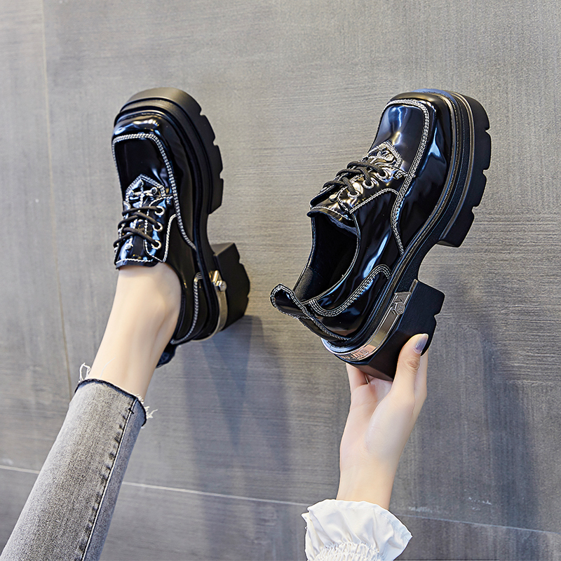 方头厚底小皮鞋女202r3秋冬英伦风系带松糕休闲鞋学院风深口单鞋