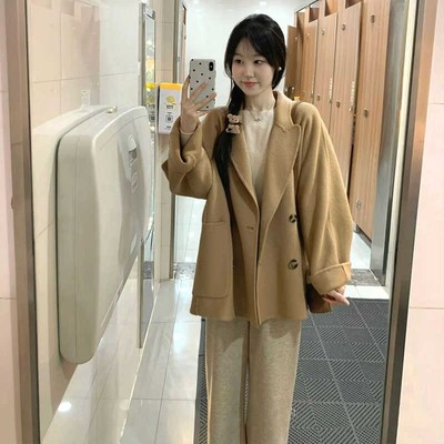 小个子女秋冬新款毛呢外套短款韩版宽松呢子大衣卡其色廓形加厚