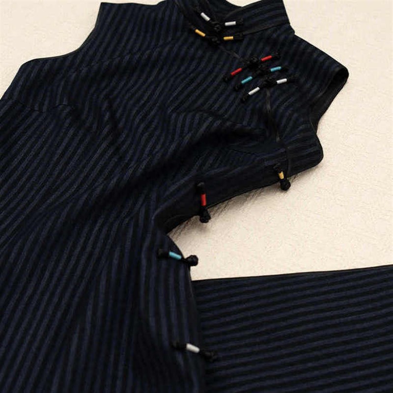 商场撤柜漂亮掐腰国风新中式改良旗袍黑色条纹连衣裙子女款夏季