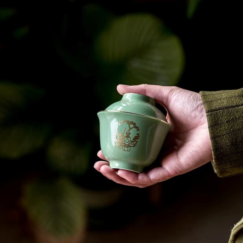 石青松枝盖碗小号三才茶碗陶瓷盖碗茶碗功夫茶具家用日式泡茶杯
