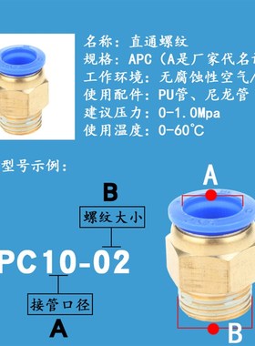 气缸接头直通连接配件对接 PC接头气管 快速接头PC602 PC螺纹接头