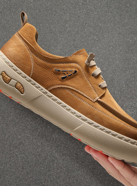 2026春季新款男士真皮休闲鞋一脚蹬厚底轻便软底低帮工装鞋男黄色
