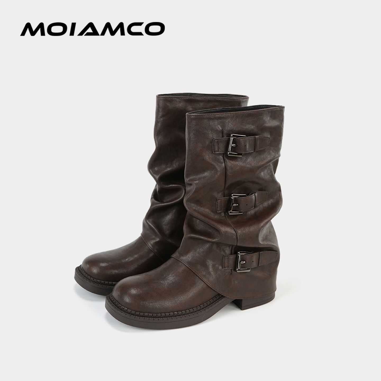 Molamco西部牛仔中筒靴子女扣带推推裤管靴8708-92