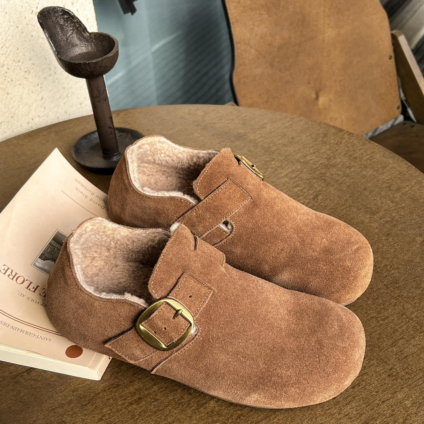 纯色圆头加厚防滑加绒勃肯鞋秋冬懒人鞋厚底